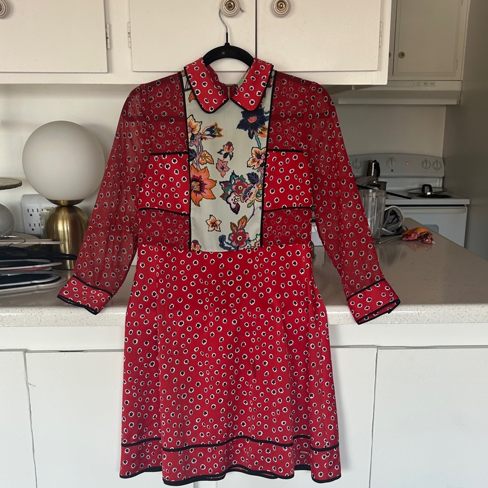 Ted Baker London Red and Black Patterned Long Sleeve Dress